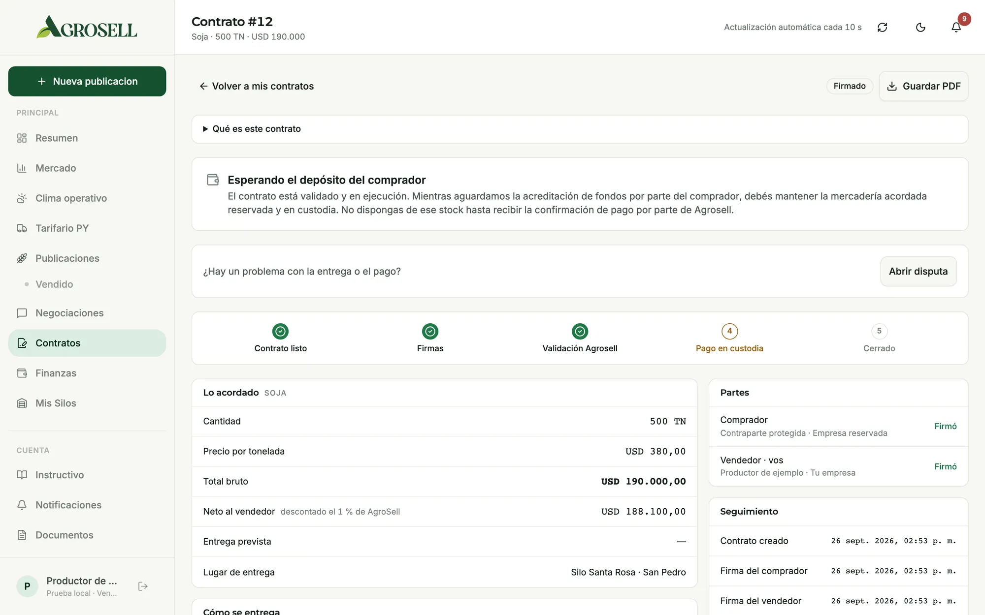 Captura real del panel de AgroSell: Contrato