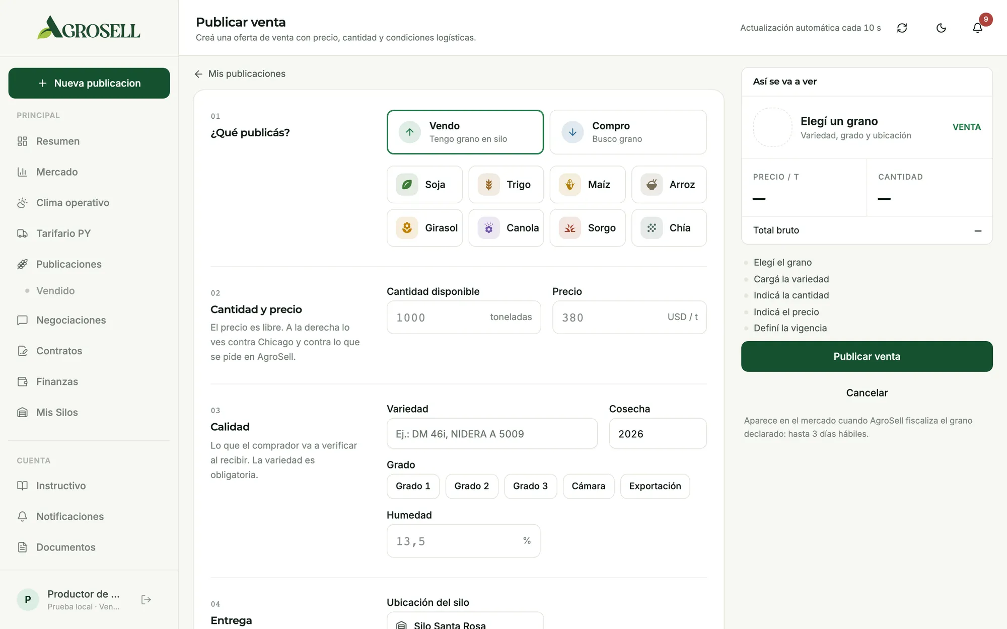 Captura real del panel de AgroSell: Publicar venta